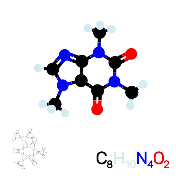 Molécula modelo cafeína. Aislado sobre fondo blanco. Vector il — Archivo Imágenes Vectoriales