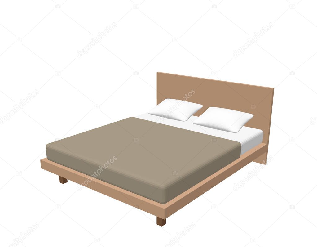 Modern double bed. Isolated on white background. 3d Vector illus