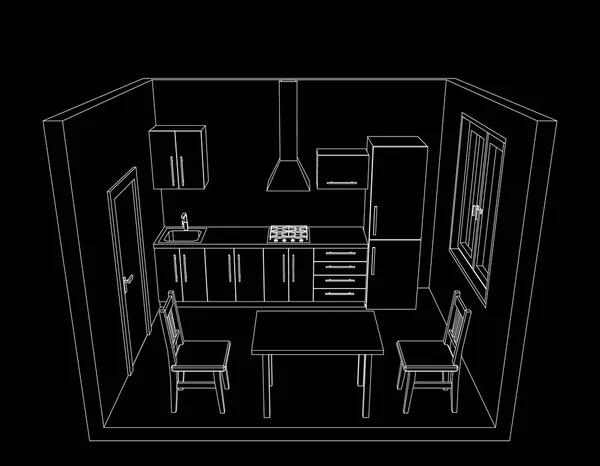 Interior sala de cozinha em fundo preto. Vector delinear illust — Vetor de Stock