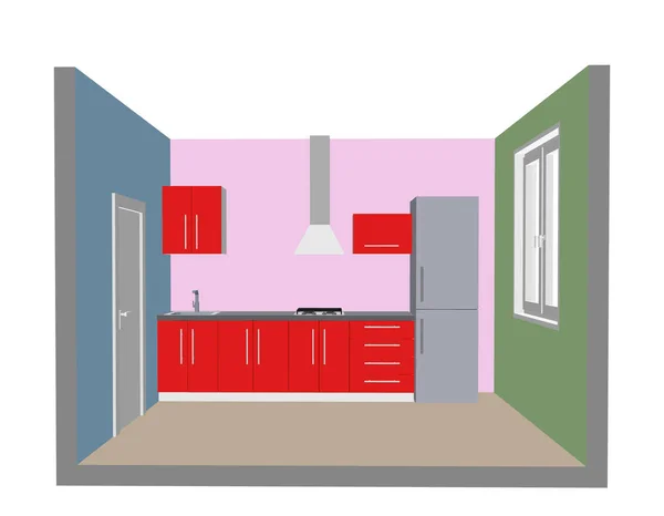 İç mutfak oda. 3D vektör çizim. Önden Görünüm. — Stok Vektör