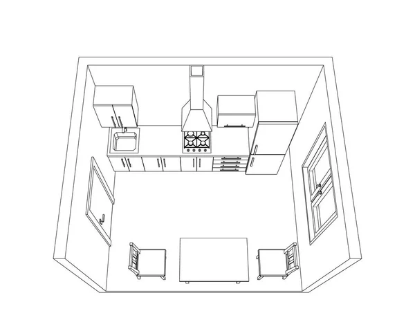 Interior kitchen room on white background. Vector outline illust — Stock Vector