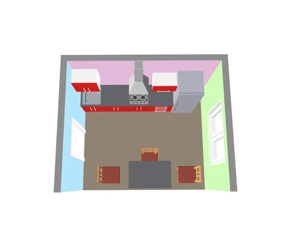 Interieur keuken kamer. 3D-vectorillustratie. Bovenaanzicht. — Stockvector