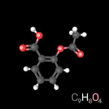 Aspirin model molekül. Siyah arka plan üzerine izole. 3D renderi