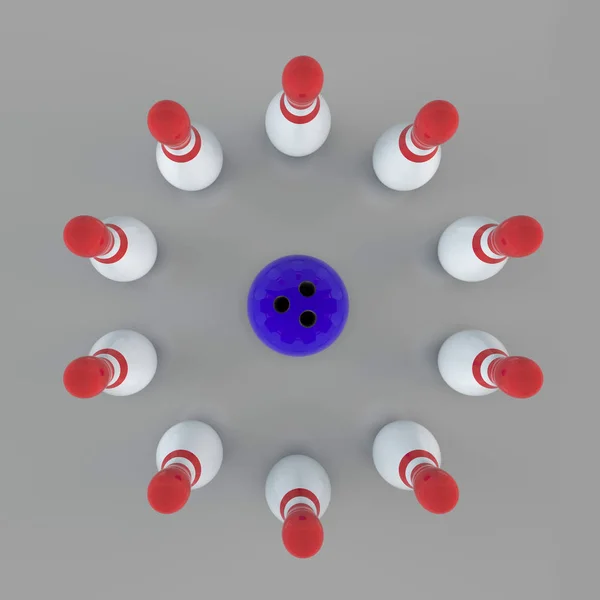 Alfinetes de bowling e bola de bowling. ilustração de renderização 3D.Top vie — Fotografia de Stock