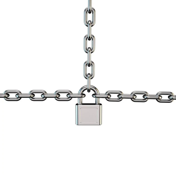 Padlock menghubungkan chains.Isolated pada latar belakang putih. Rende 3D — Stok Foto
