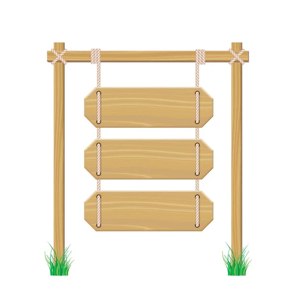 Letrero de madera en blanco colgado de una cuerda. Aislado sobre fondo blanco — Vector de stock