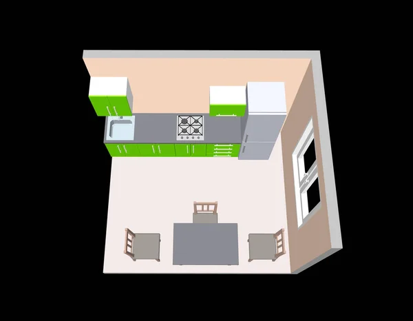 Δωμάτιο εσωτερικό κουζινών. 3D εικονογράφηση φορέα. Το Top view. — Διανυσματικό Αρχείο
