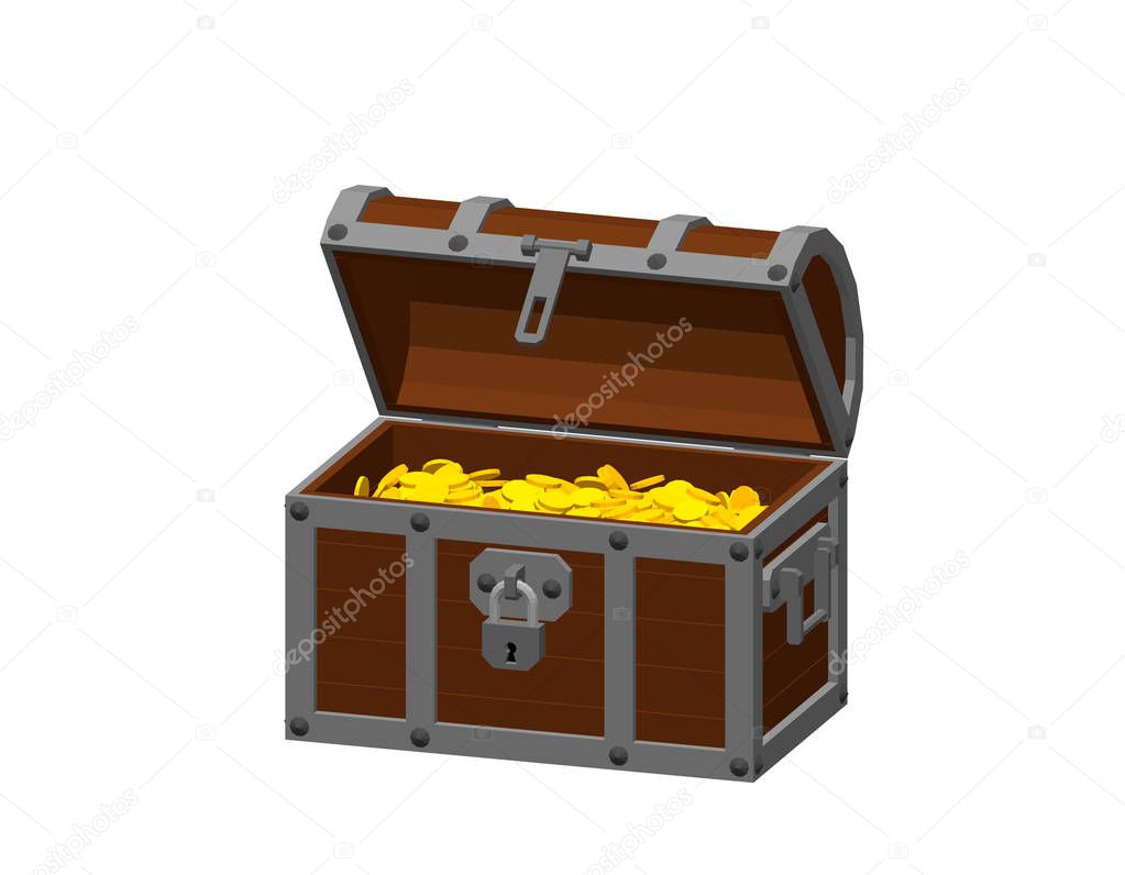 Wooden chest with golden coins. Isolated on white background. 