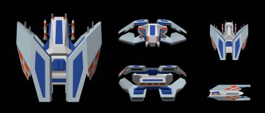 Gelecekçi uzay gemisi. Siyah arka planda izole edilmiş. 3d Vektör illüstrasyonu. Farklı görüşler.