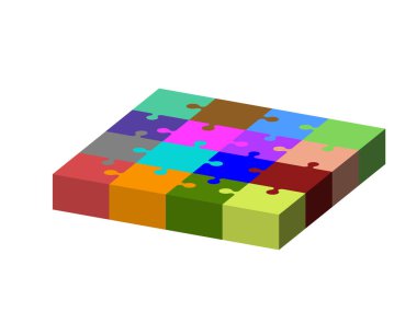 Yapboz. Beyaz arka planda izole edilmiş. 3d Vektör renkli illüstrasyon. Çapraz projeksiyon. 