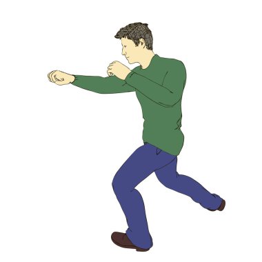 Adam yumruğu yener. Beyaz arka planda izole edilmiş. Vektör özet çizimi.