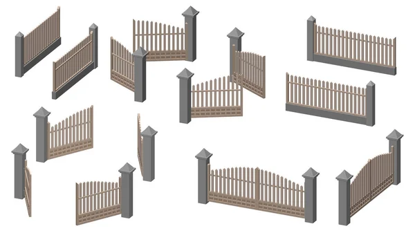 フェンスと門のセット 白い背景に隔離されている 3Dベクトルイラスト 寸法投影 — ストックベクタ