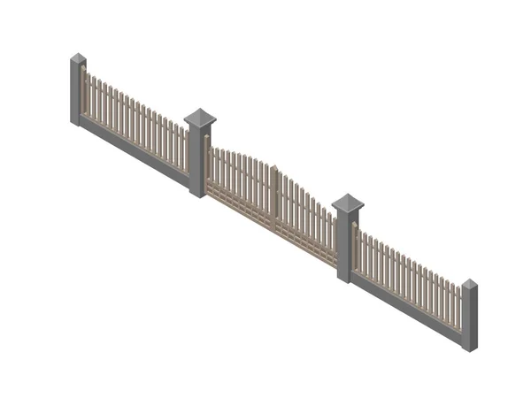 門のある木製の柵 白い背景に隔離されている 3Dベクトルイラスト 等方投影 — ストックベクタ