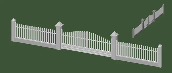 門のある木製の柵 緑の背景に隔離された 3Dベクトルイラスト 寸法投影 — ストックベクタ