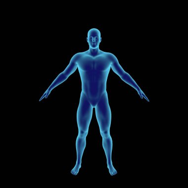 Ayakta duran adam. Karanlık arka planda izole edilmiş. 3 boyutlu canlandırma. Işık efekti. Ön görünüm.