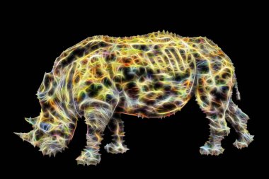 Siyah arka planda soyut gergedan. Dijital renkli illüstrasyon.