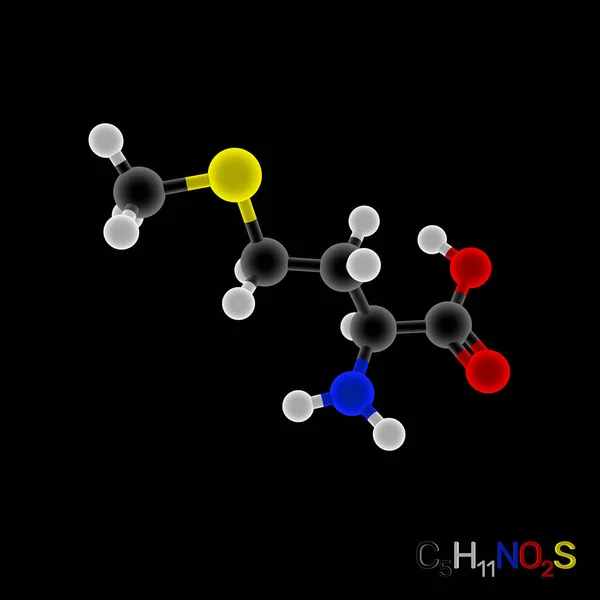 Molécula Modelo Metionina Aislado Sobre Fondo Negro Ilustración Representación Efecto —  Fotos de Stock