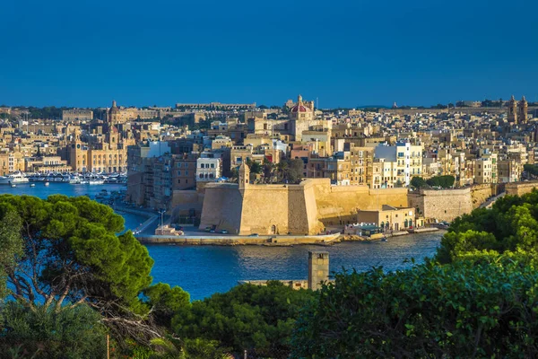 Valletta, Malta - widok z Valletta z drzew, Wyspa Senglea, Gardjola ogrodów z wieży strażniczej, Grand Harbour z łodzi i statków i błękitne niebo — Zdjęcie stockowe