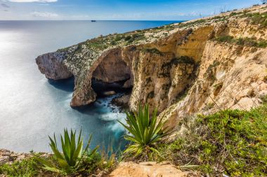Malta - Blue Grotto öndeki bitkiler ile güzel uçurum