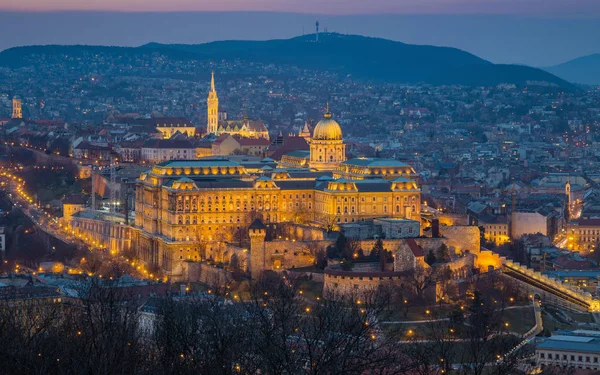 Budapest, Magyarország - a történelmi királyi palota néven Budai vár, Mátyás-templom és a budai hegyekre, háttérben a kék óra — Stock Fotó