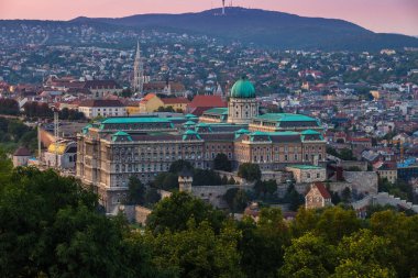 Budapeşte, Macaristan - güzel Buda Castle Kraliyet Sarayı Buda Hills ve günbatımı vasıl geçmiş Matthias kilisede