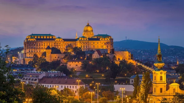 Будапешт, Венгрия - Красивый королевский дворец Буда в волшебный час с цветущим небом — стоковое фото