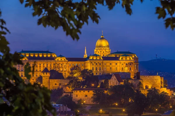 Budapest, Magyarország - a gyönyörű Budai vár királyi palota mágikus óra a színes égbolt: ősz — Stock Fotó