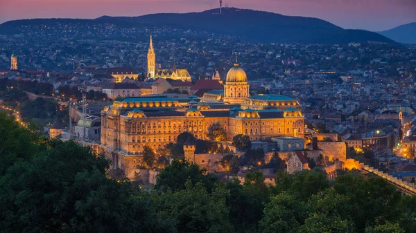 Budapest, Magyarország - a gyönyörű Budavári királyi palota és a Mátyás-templom, a magic hour színes égbolt — Stock Fotó