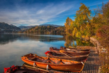 Bled, Slovenya - renkli sonbahar ağaçlar ve gün batımında mavi gökyüzü ile geleneksel Sloven tekneler tarafından Lake Bled