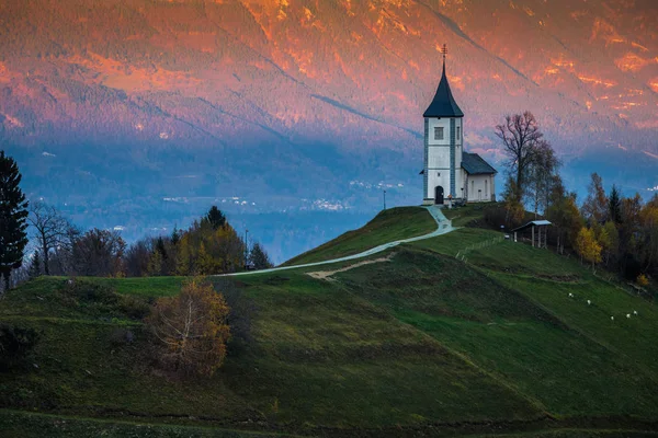 Jamnik, Eslovenia - Hermoso atardecer dorado en la iglesia de Jamnik St. Primoz. Julián Alpes en el fondo —  Fotos de Stock