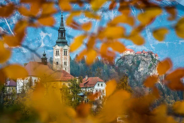Bled, Szlovénia - gyönyörű őszi lombozat zarándok templom, a Nagyboldogasszony Mária, a Bledi várra és a Júliai-Alpok keretezi, háttér — Stock Fotó