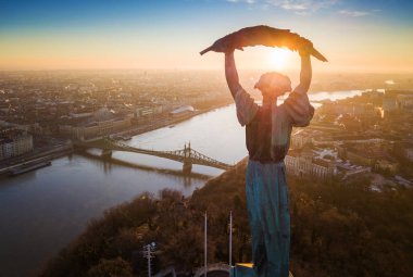 Budapest, Hungary - Aerial sunrise view at the Statue of Liberty with Liberty Bridge and River Danube at background taken from Gellert Hill clipart