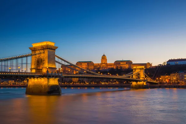 Будапешт, Венгрия - Иллюминированный Цепной мост через Дунай и Будский замок в синий час с ясным синим небом — стоковое фото