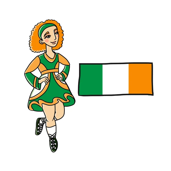 Femme dansante irlandaise avec drapeau irlandais — Image vectorielle