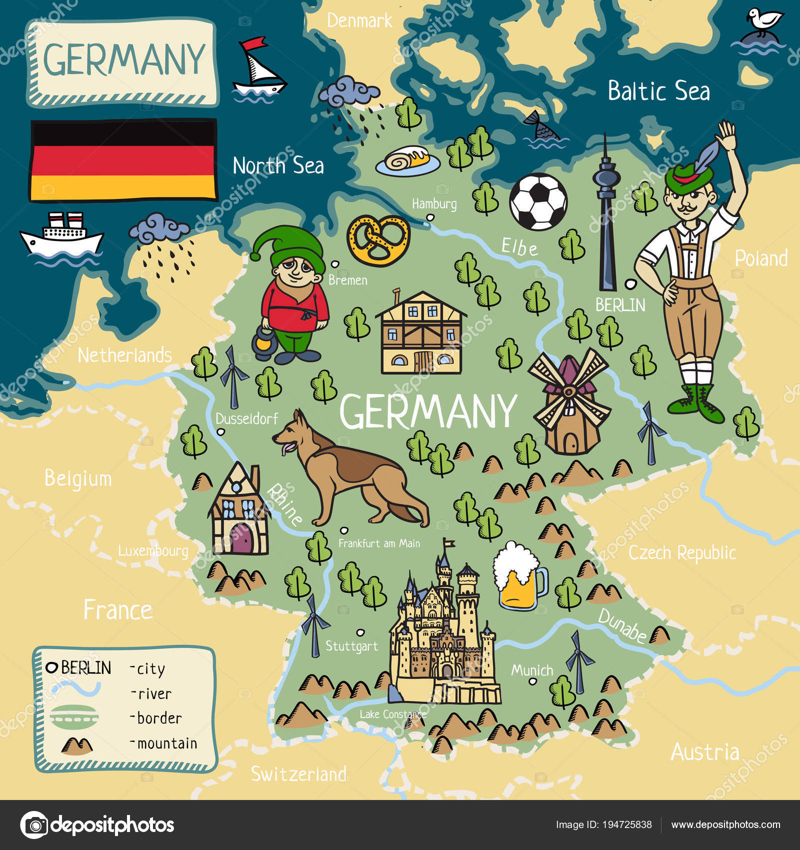 Cartoon map of Germany Stock Vector Image by ©lashmipics #194725838