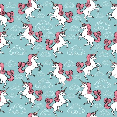 Çizgi film kusursuz desen. Gökkuşağı ve bulutlu tek boynuzlu at. Tasarlanmış baskı için.