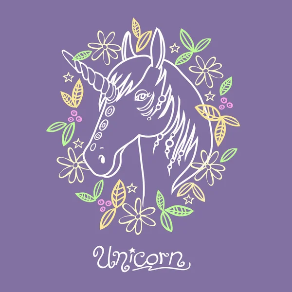 Cartoon doodle unicorn porträtt med ram av blommor och blad — Stock vektor