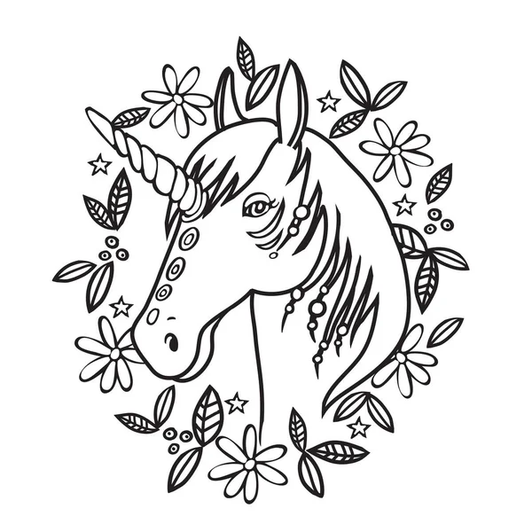 Potret unicorn corat-coret kartun dengan bingkai bunga dan daun - Stok Vektor