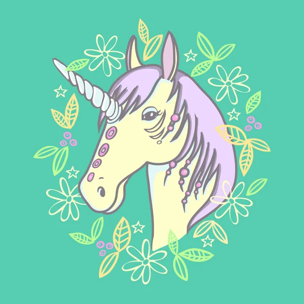 Retrato de dibujos animados doodle unicornio con marco de flores y hojas — Vector de stock