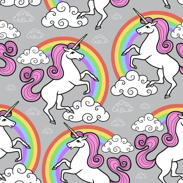 Patrón Sin Costuras Dibujos Animados Unicornio Con Arco Iris Nubes — Archivo Imágenes Vectoriales