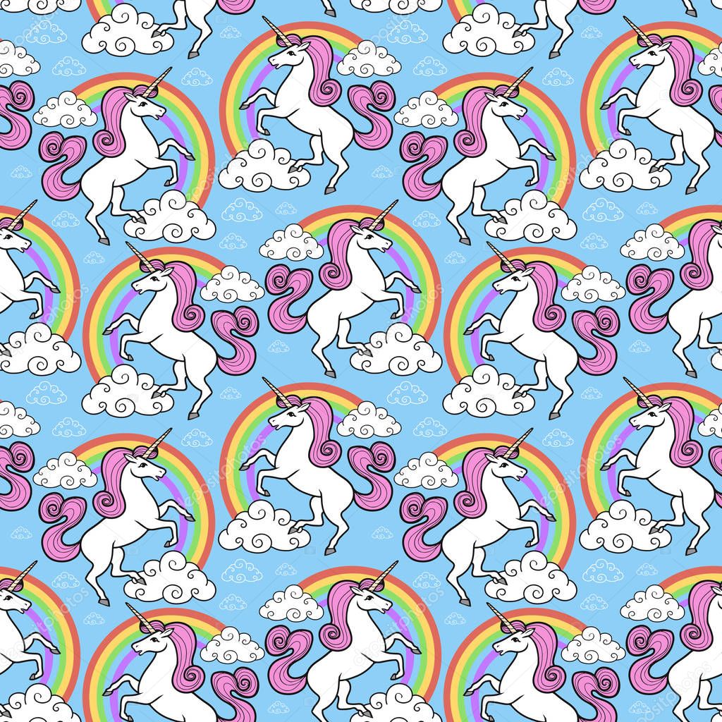 Cartoon seamless pattern. Unicorn with rainbow and clouds. For designed print.