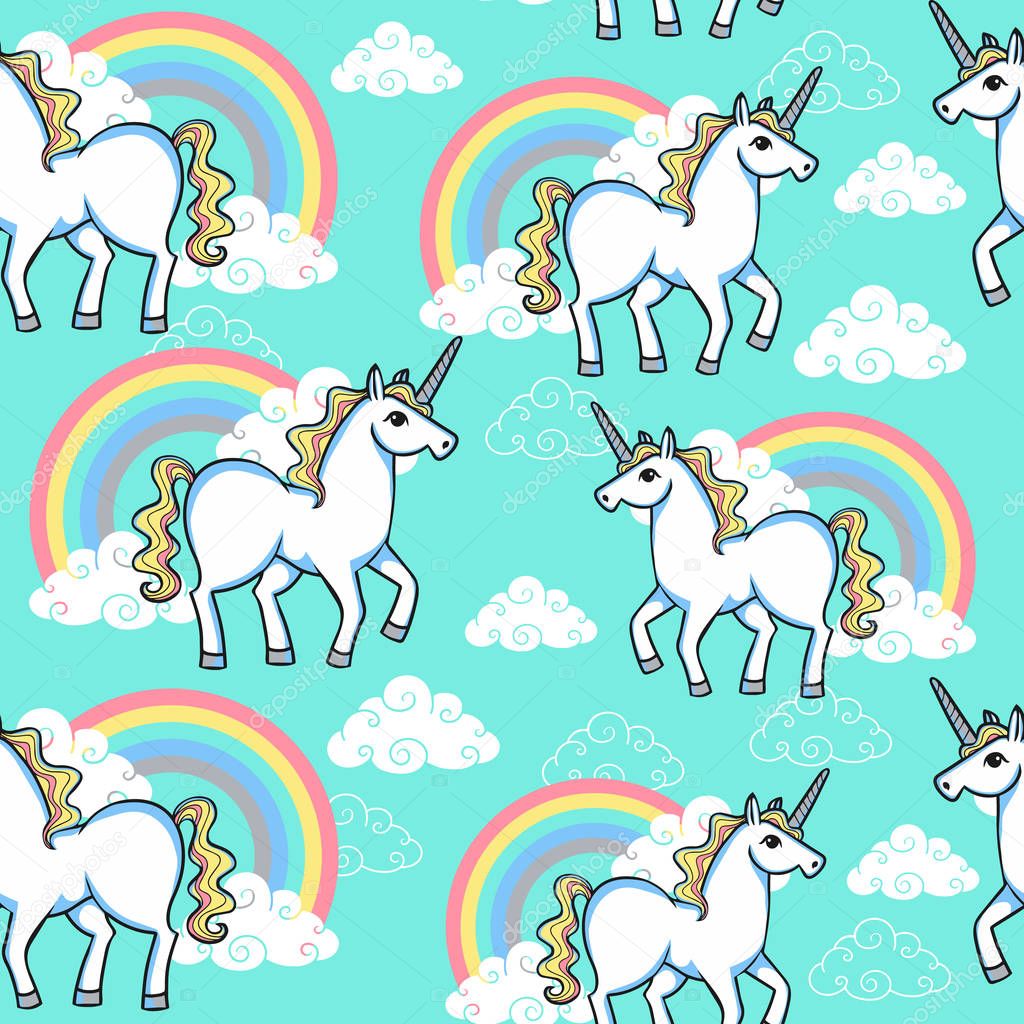 Cartoon Seamless Pattern Unicorn Rainbow Clouds Designed Print — Stock