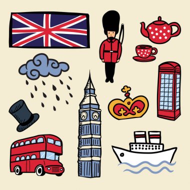 Çizgi film izole öğeleri vektör. İngiltere, Londra. 