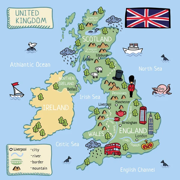Cartoon Vektorkarte Vereinigtes Königreich England Schottland Brunnen Northen Irland Alle — Stockvektor