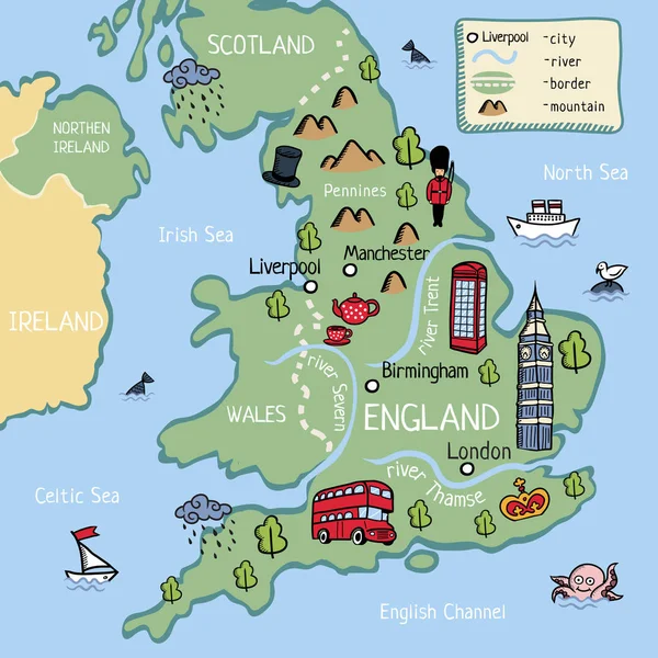 Cartoon Vector Map Reino Unido Inglaterra Escocia Wells Irlanda Del — Vector de stock