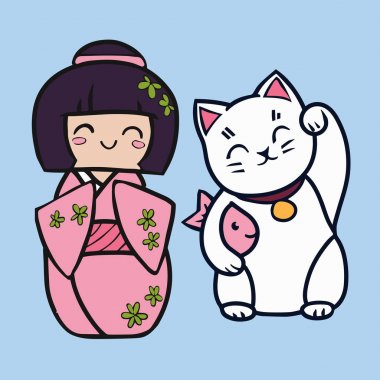 Kokeshi karikatür bebeğin kimono içinde. Japon geleneksel oyuncak. Maneki neko kedi balıklı.