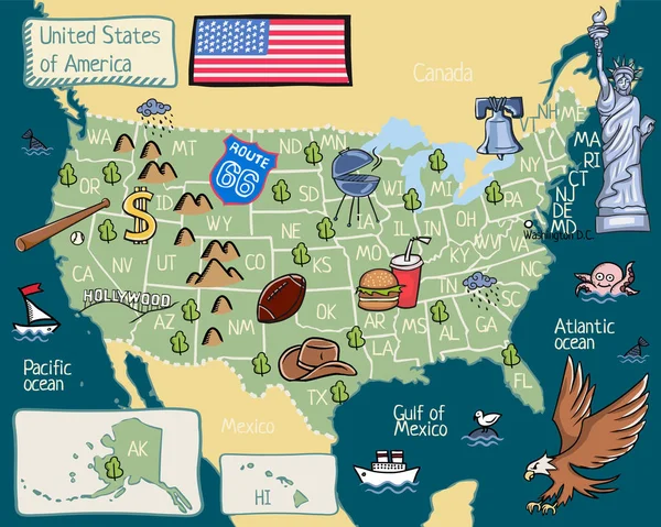 Mapa Dibujos Animados Estados Unidos América — Archivo Imágenes Vectoriales