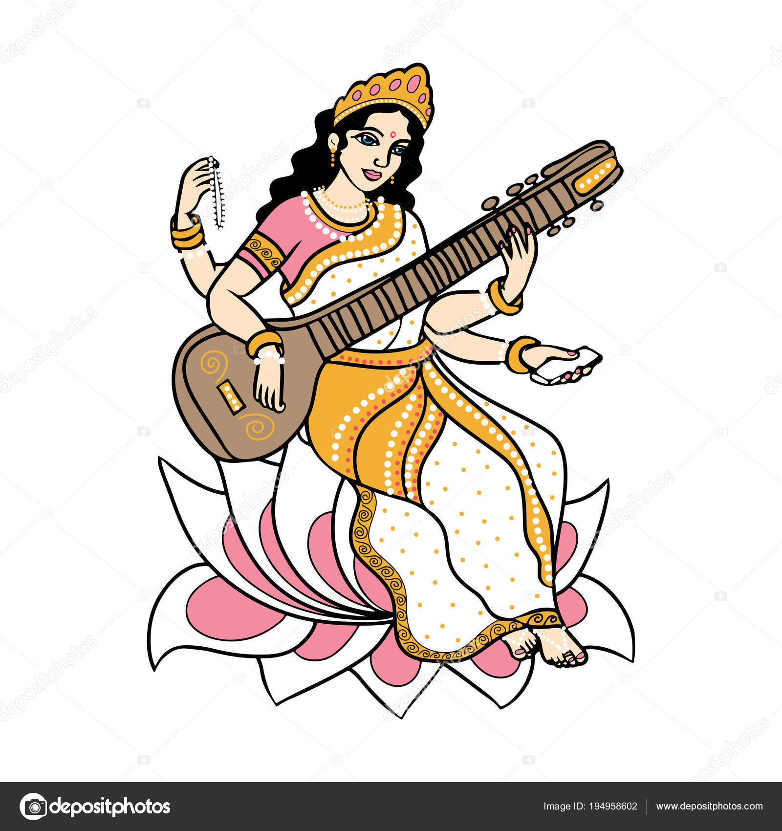 Pictures Saraswati Cartoon Image Cartoon Vector Hindu Goddess Saraswati Sitting Lotus White Sari Greeting Stock Vector C Lashmipics 194958602