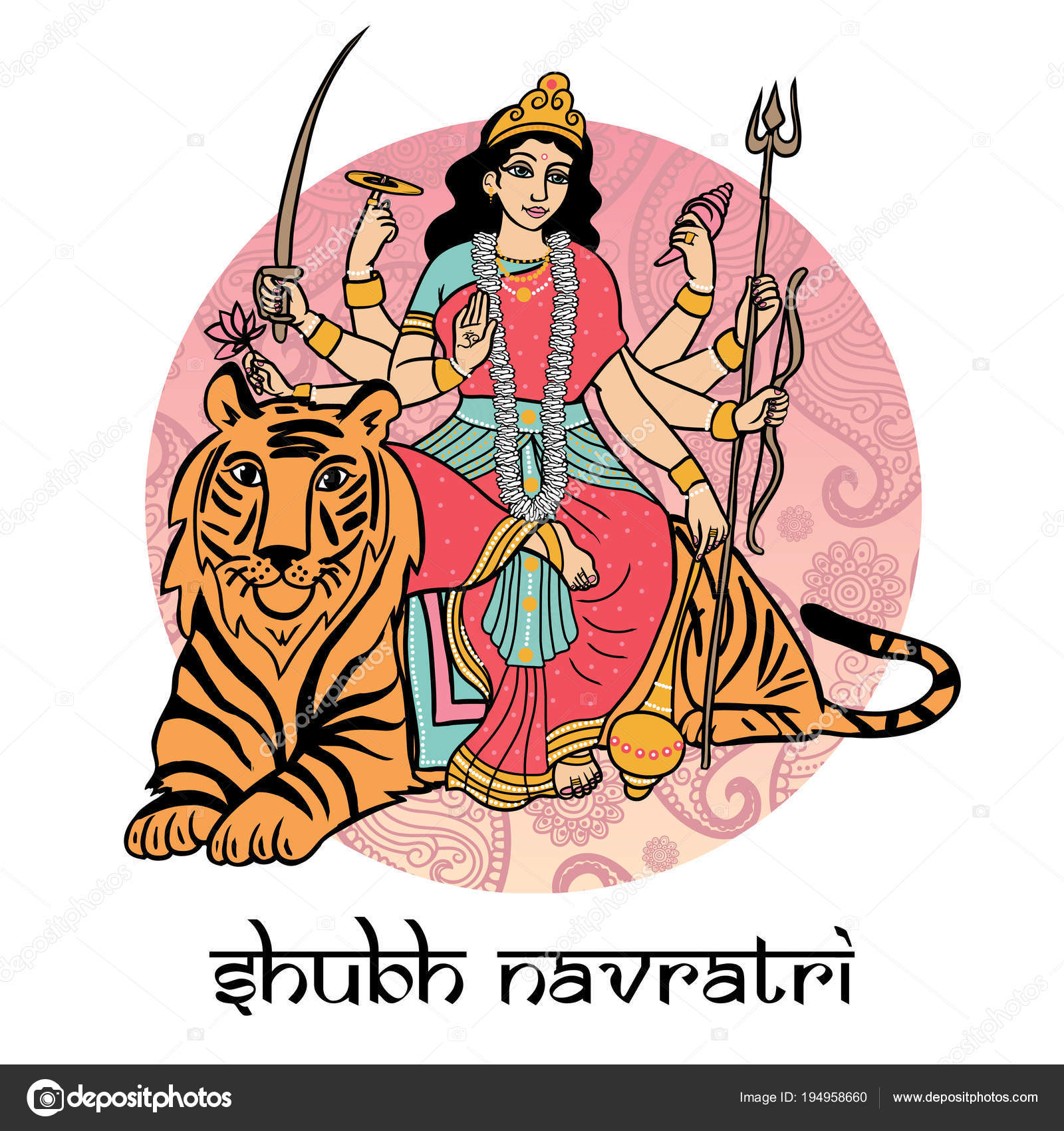 Vetor Dos Desenhos Animados Deusa Indiana Durga Sentada Tigre Cartão Vetor  de ©lashmipics 194958660, image size:1600x1700