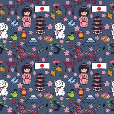 Japonya karikatür simgeleri Dikişsiz desen arka plan
